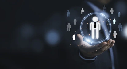 businessman holding virtual infographic with human icons human development recruitment concept 1